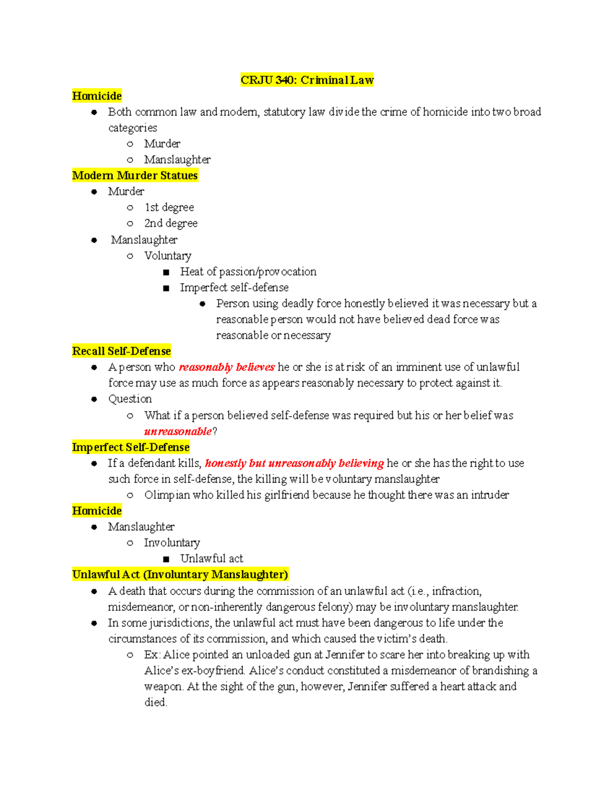 CRJU 340 Criminal Law - CRJU 340: Criminal Law Homicide Both Common Law ...