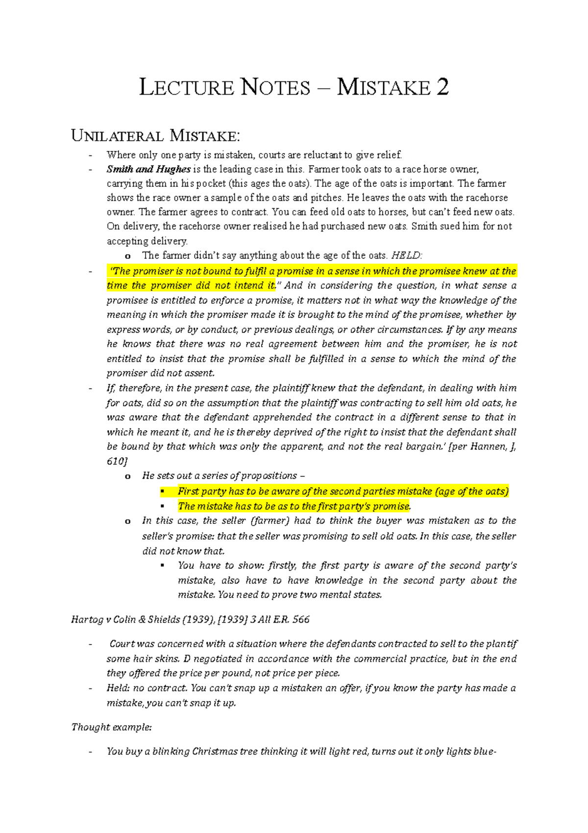 Lecture Notes Mistake 2 - LECTURE NOTES – MISTAKE 2 UNILATERAL MISTAKE ...