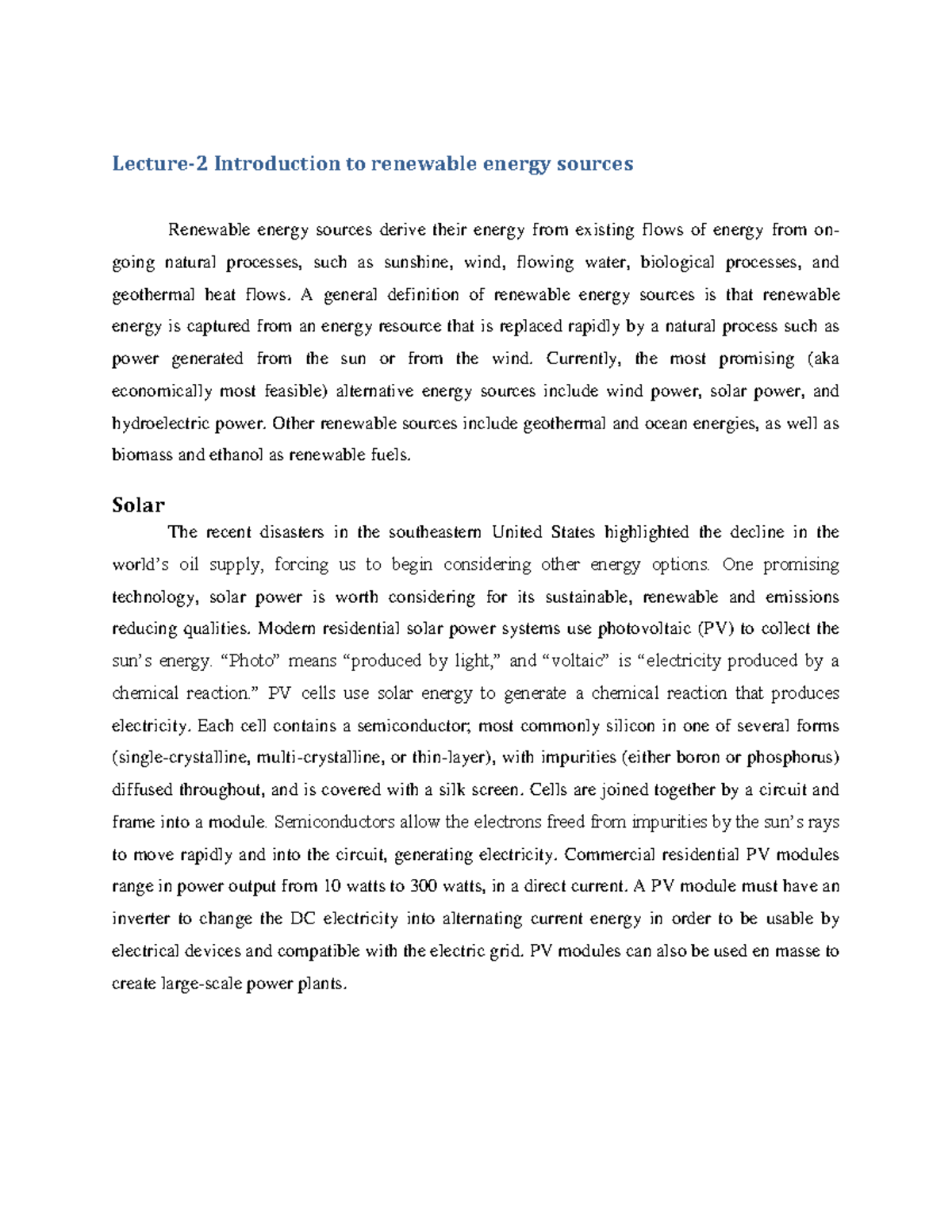 Introduction to renewable energy sources - Lecture-2 Introduction to ...