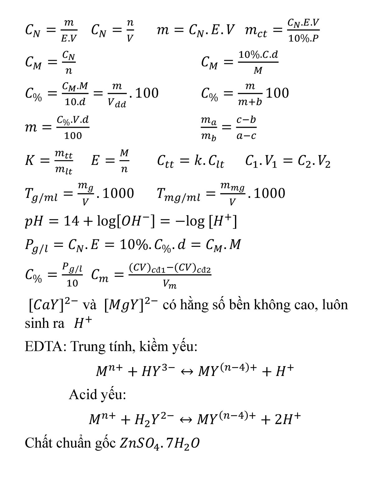 Hoá Phân Tích - 𝐶𝑁 = 𝑚 𝐸.𝑉 𝐶𝑁 = 𝑛 𝑉 𝑚 = 𝐶𝑁. 𝐸. 𝑉 𝑚𝑐𝑡 = 𝐶𝑁.𝐸.𝑉 10%.𝑃 𝐶𝑀 ...