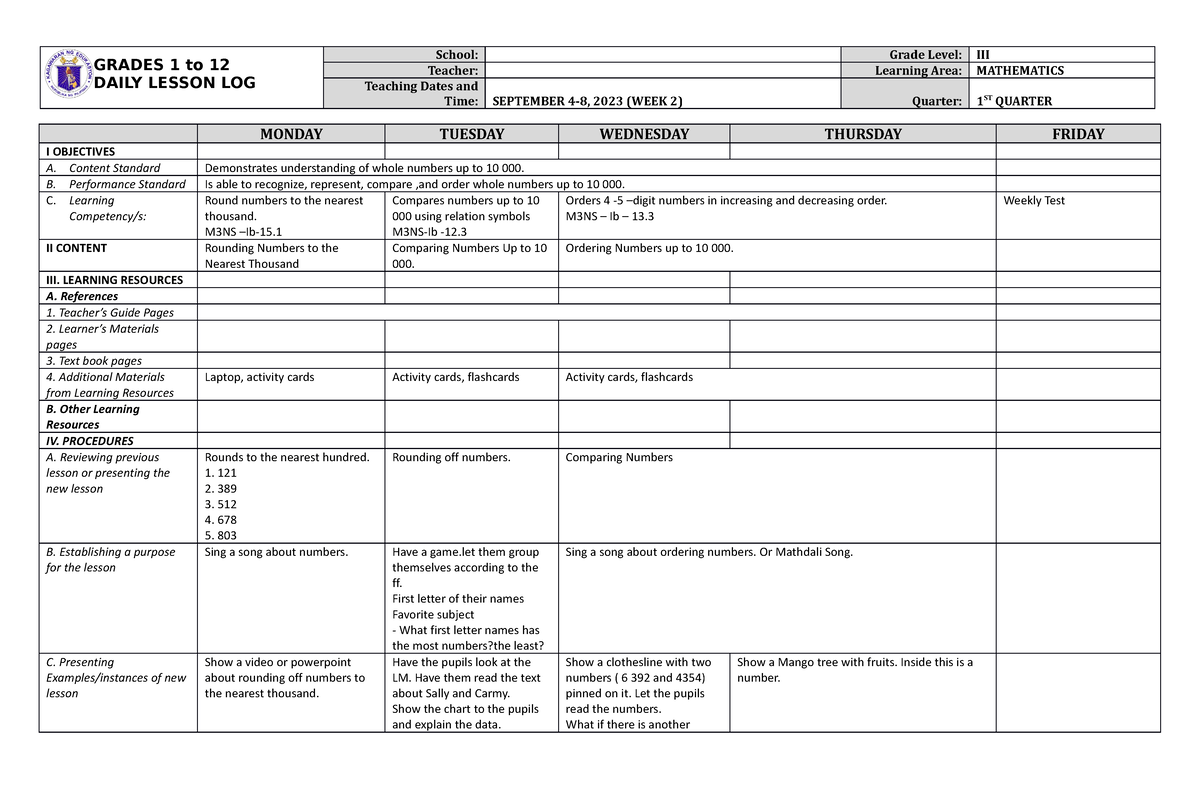 DLL Mathematics 3 Q1 W2 - GRADES 1 to 12 DAILY LESSON LOG School: Grade ...