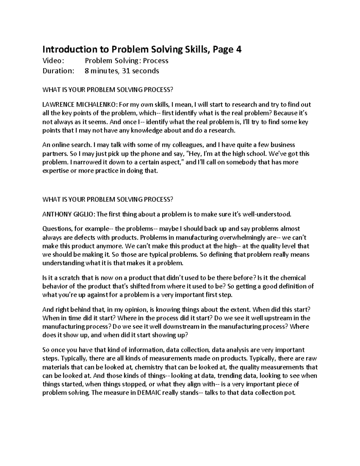 Case Study Problem Solving Process Transcript - Introduction to Problem ...