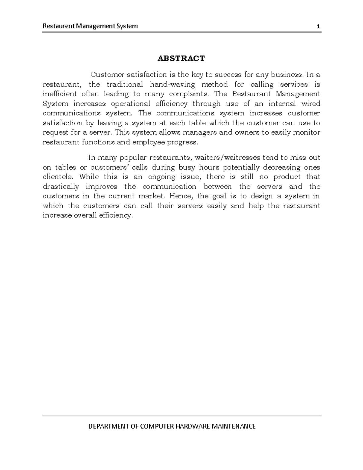 Restaurent management system project report full abstract customer 