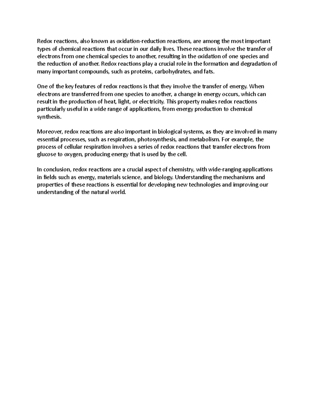 Redox reactions - These reactions involve the transfer of electrons ...