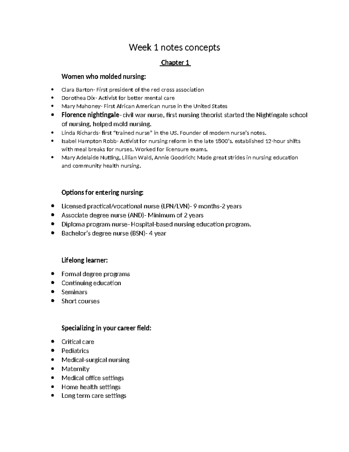 Nursing concepts notes - Week 1 notes concepts Chapter 1 Women who ...
