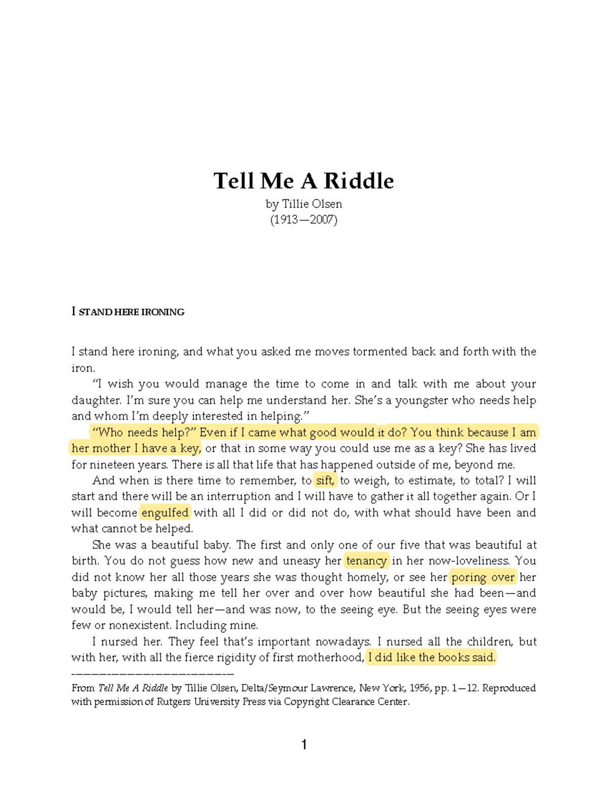 I Stand Here Ironing (editted) - Tell Me A Riddle by Tillie Olsen (1913 ...