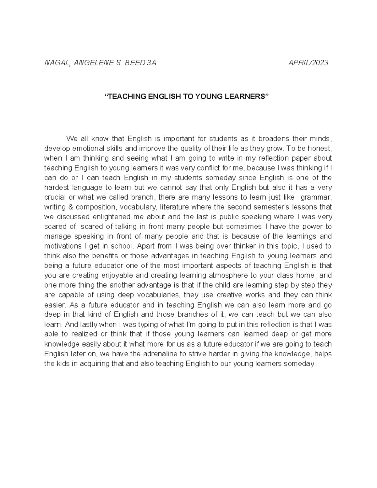 Reflection Paper IN English - NAGAL, ANGELENE S. BEED 3A APRIL ...