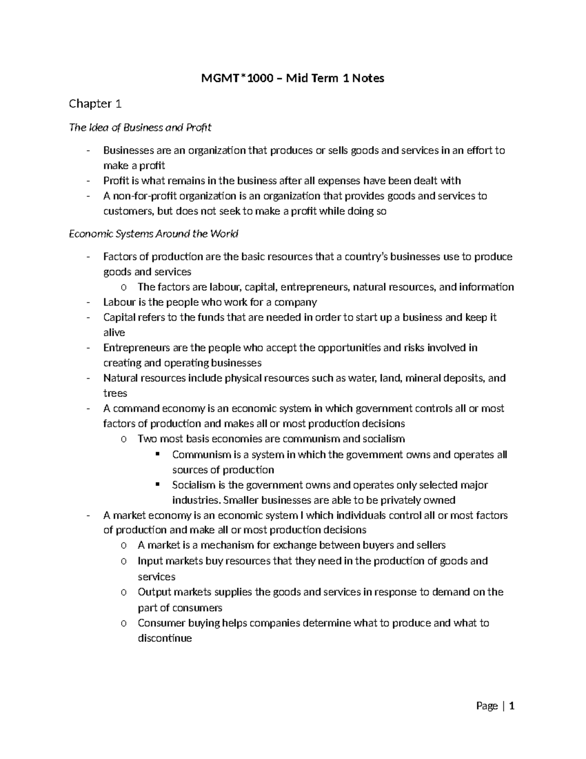 Midterm 1 Notes - MGMT*1000 – Mid Term 1 Notes Chapter 1 The Idea of ...