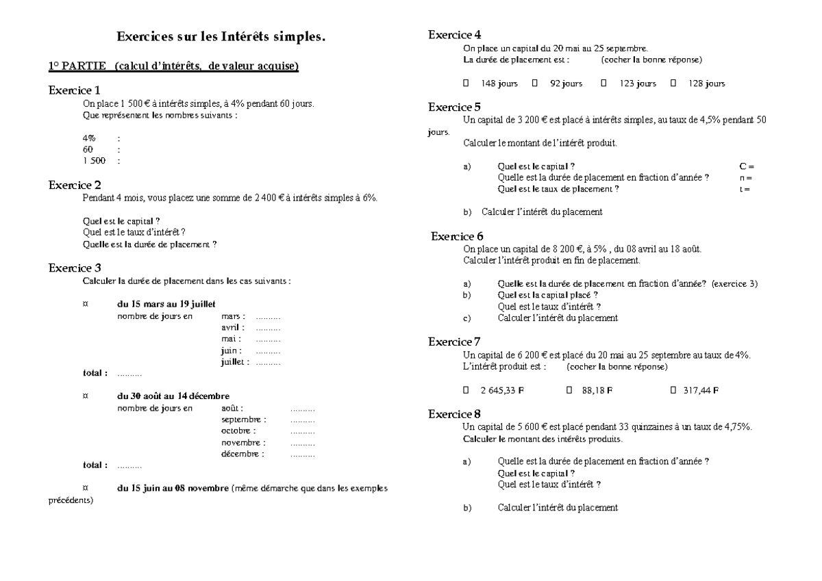 TD 4 - Math fin - Exercices sur les Intérêts simples. 1° PARTIE (calcul ...