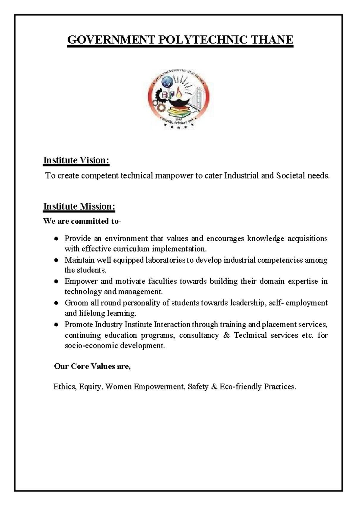 SEN final report - GOVERNMENT POLYTECHNIC THANE Institute Vision: To ...