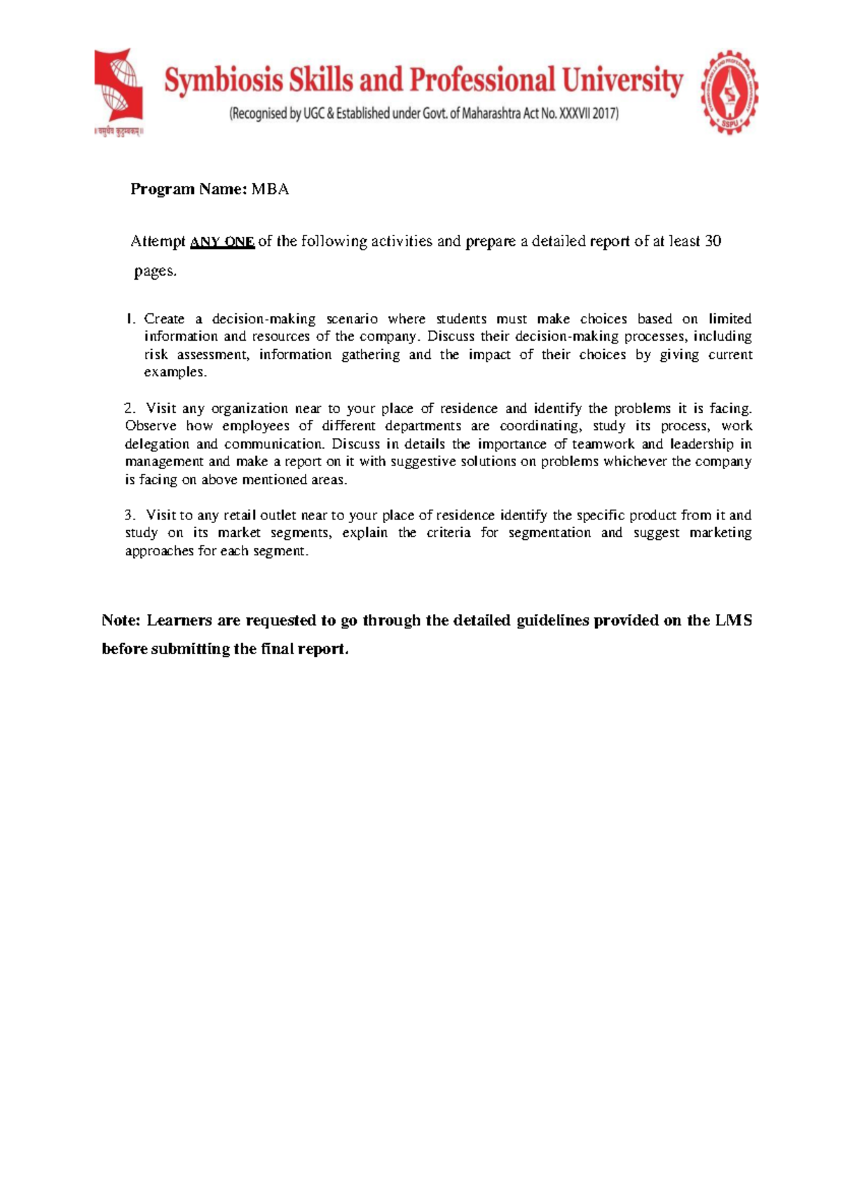 MBA Activity Set. I - examples - Program Name: MBA Attempt ANY ONE of ...