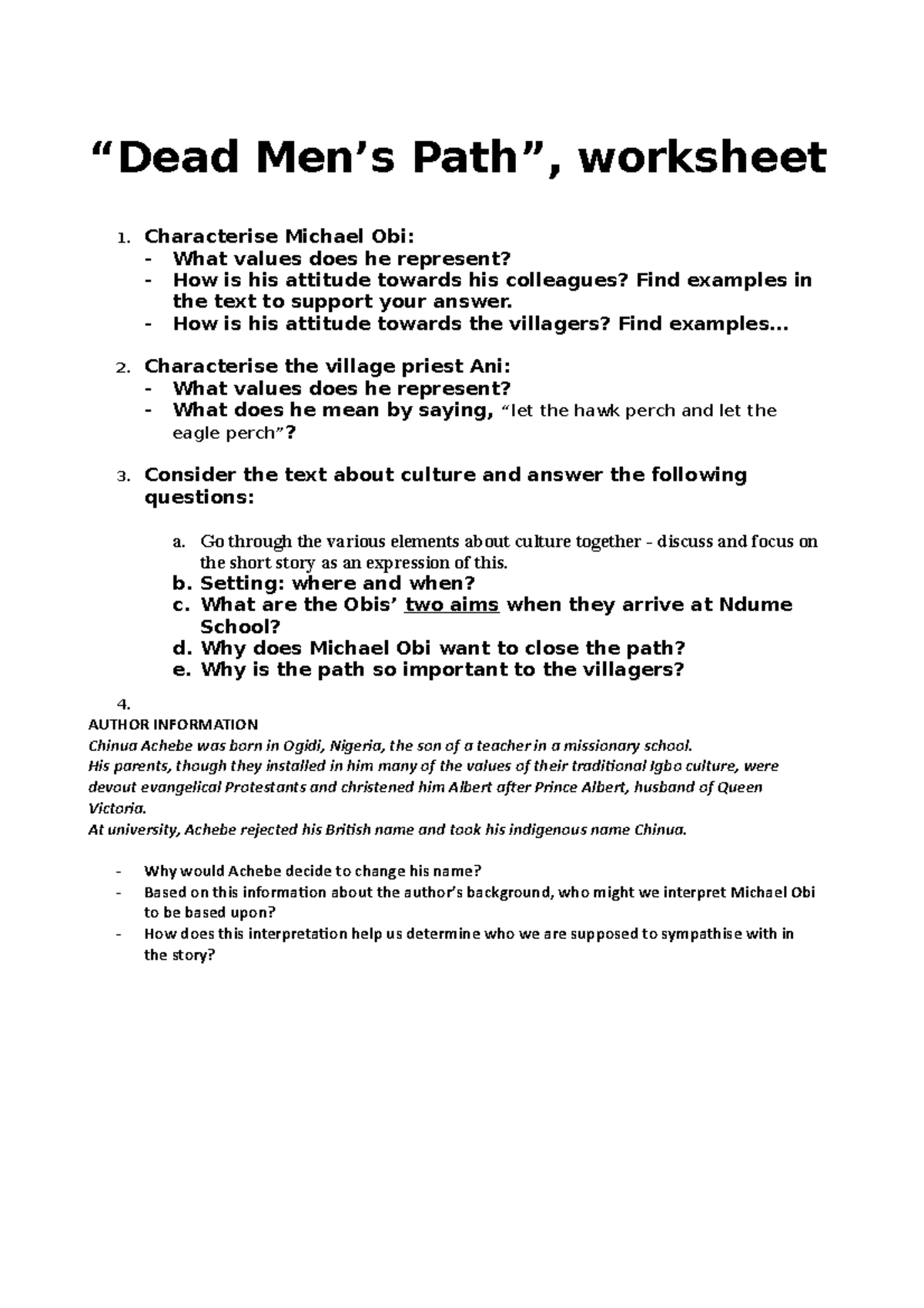 “Dead Men’s Path”, worksheet “Dead Men’s Path”, worksheet