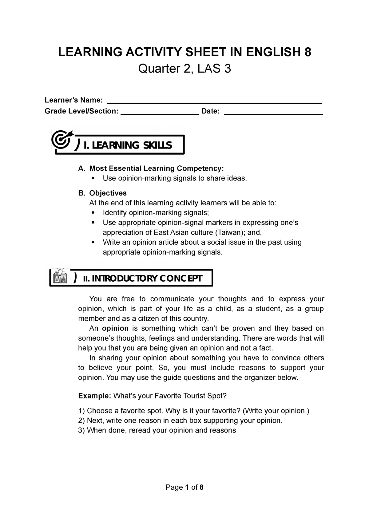 E8 Q2 LAS-3 - Q1 Week 1 - LEARNING ACTIVITY SHEET IN ENGLISH 8 Quarter ...