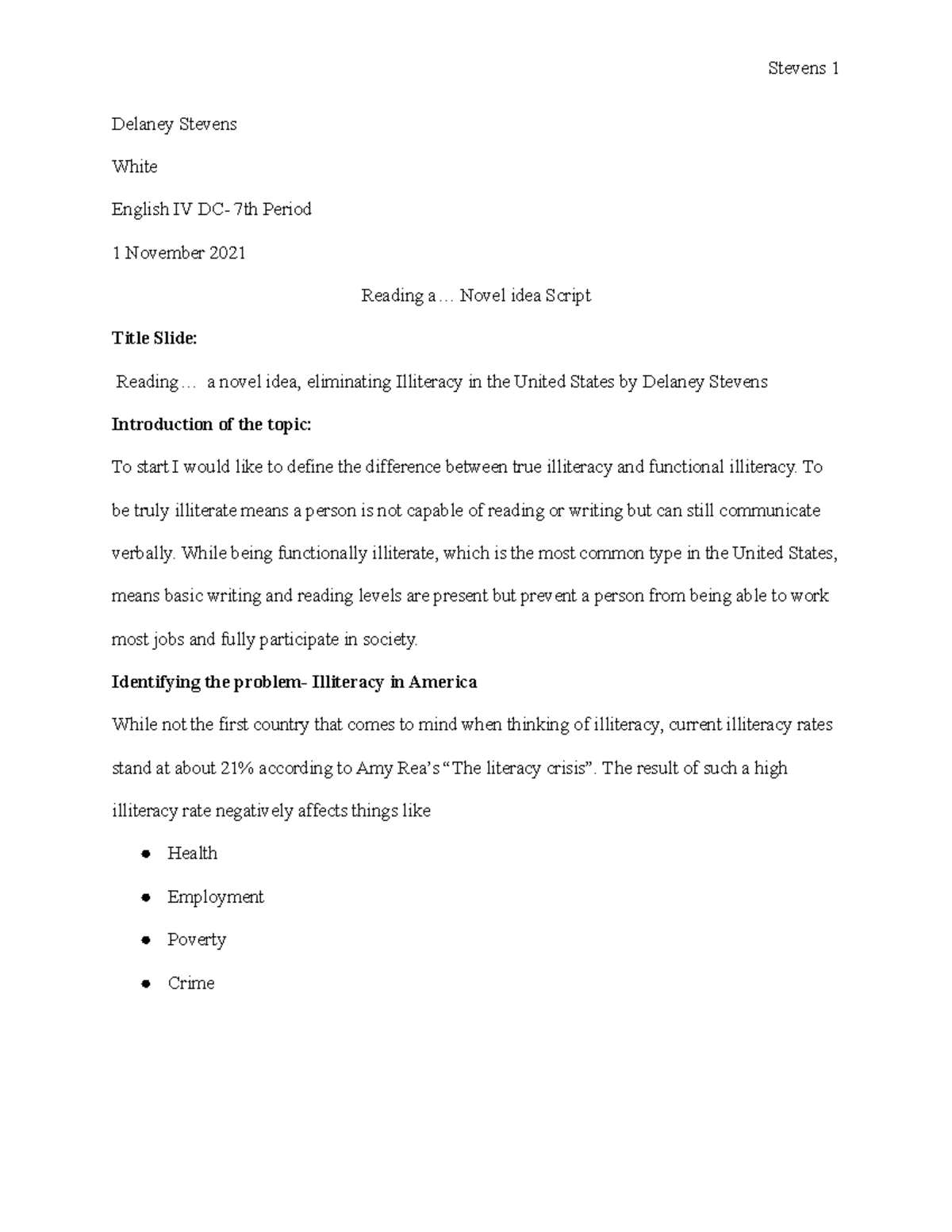 Sample Research Project script - Delaney Stevens White English IV DC ...
