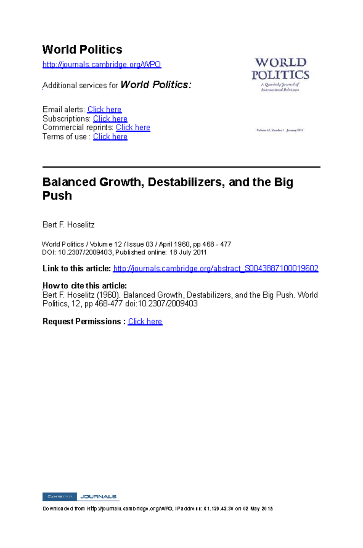 Big push and Balanced growth - :RUOG 3ROLWLFV KWWS MRXUQDOV FDPEULGJH ...