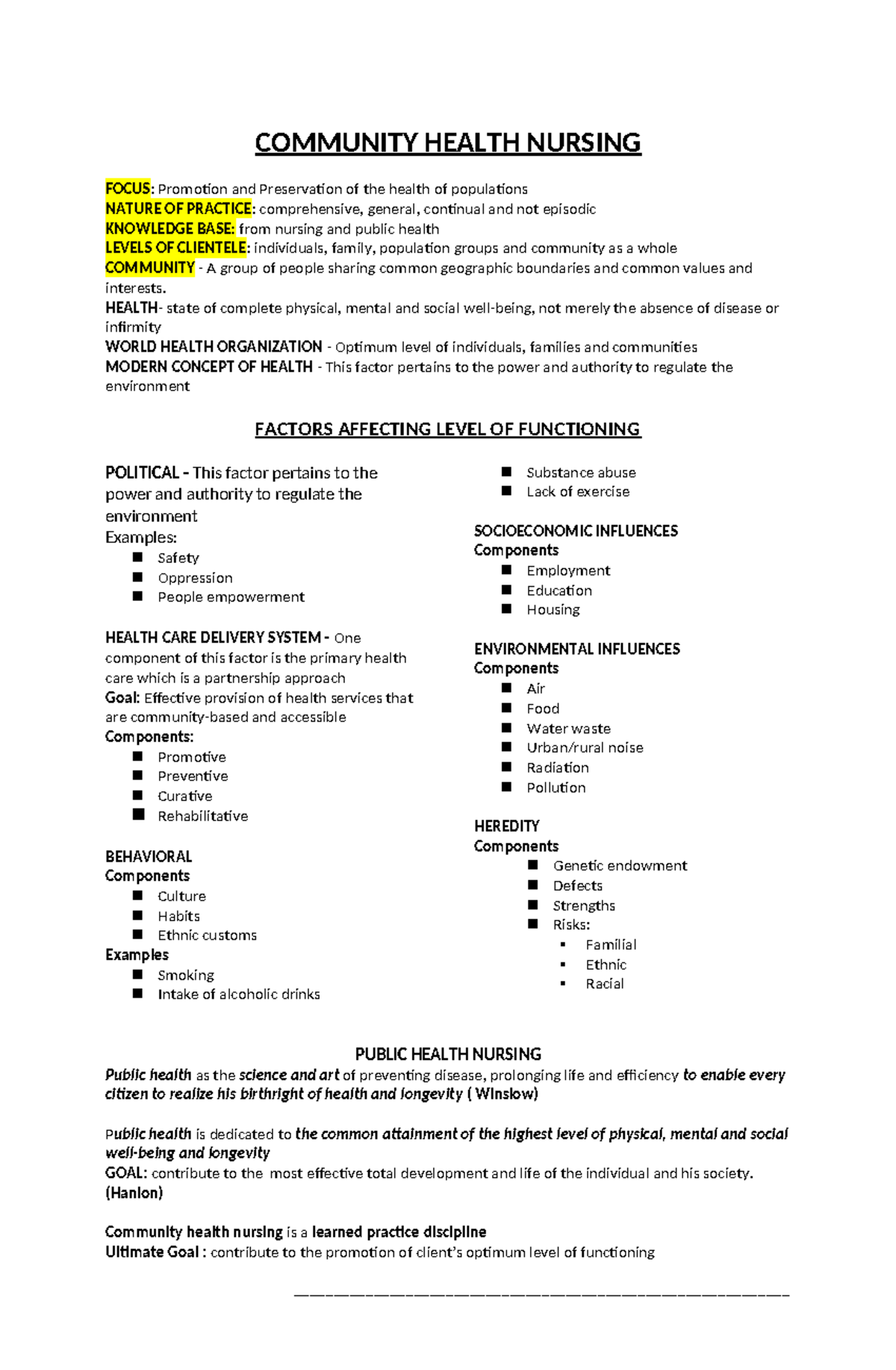Community-Health-Nursing - COMMUNITY HEALTH NURSING FOCUS: Promotion ...