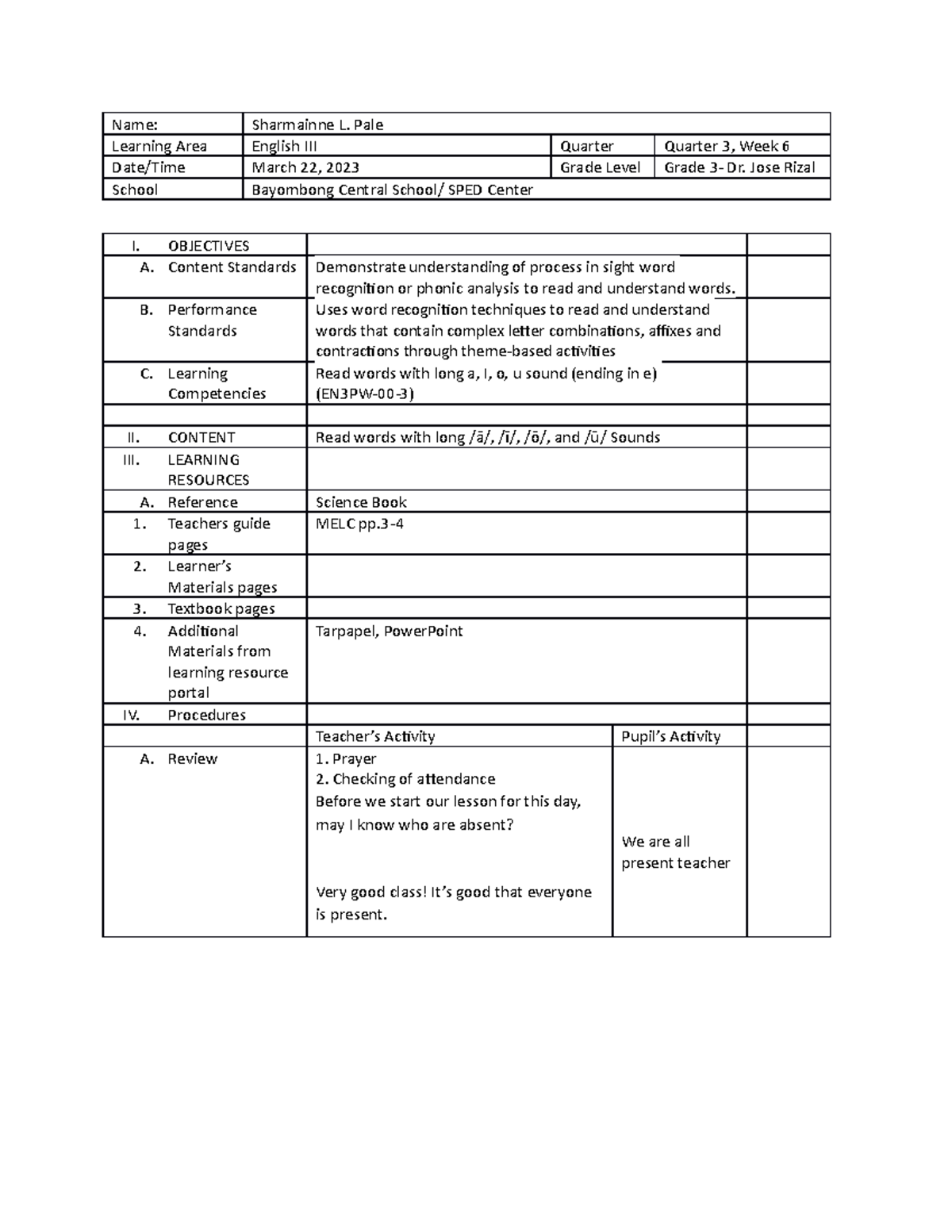 G3 DLP English Final - Lesson plan - Name: Sharmainne L. Pale Learning ...