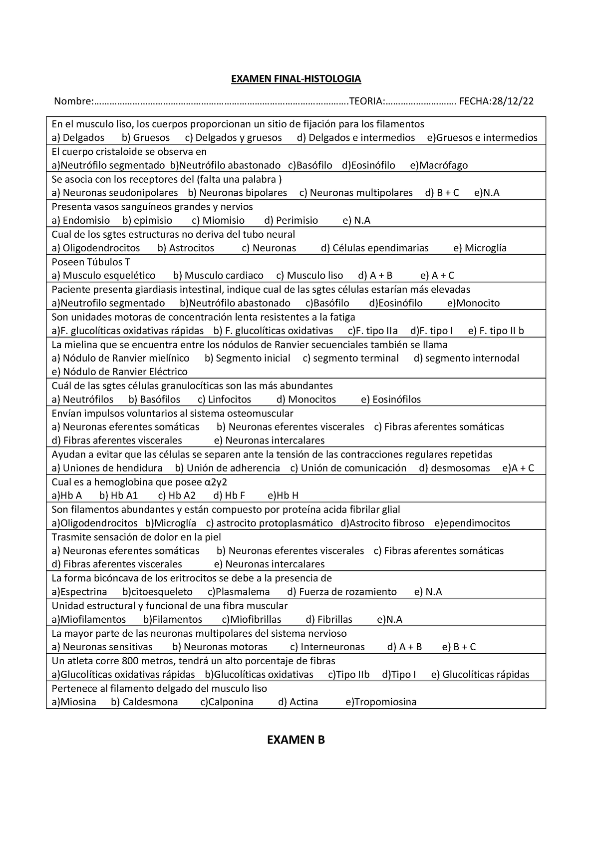 Examen Final B Histologia - EXAMEN FINAL-HISTOLOGIA - Studocu