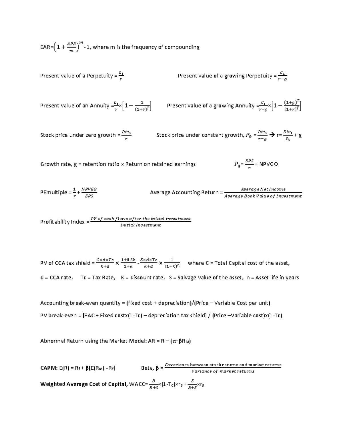 Formula Sheet 395 - EAR= 1 + 끫롨끫롨끫롨 끫뢴 끫뢴 - 1, where m is the frequency ...