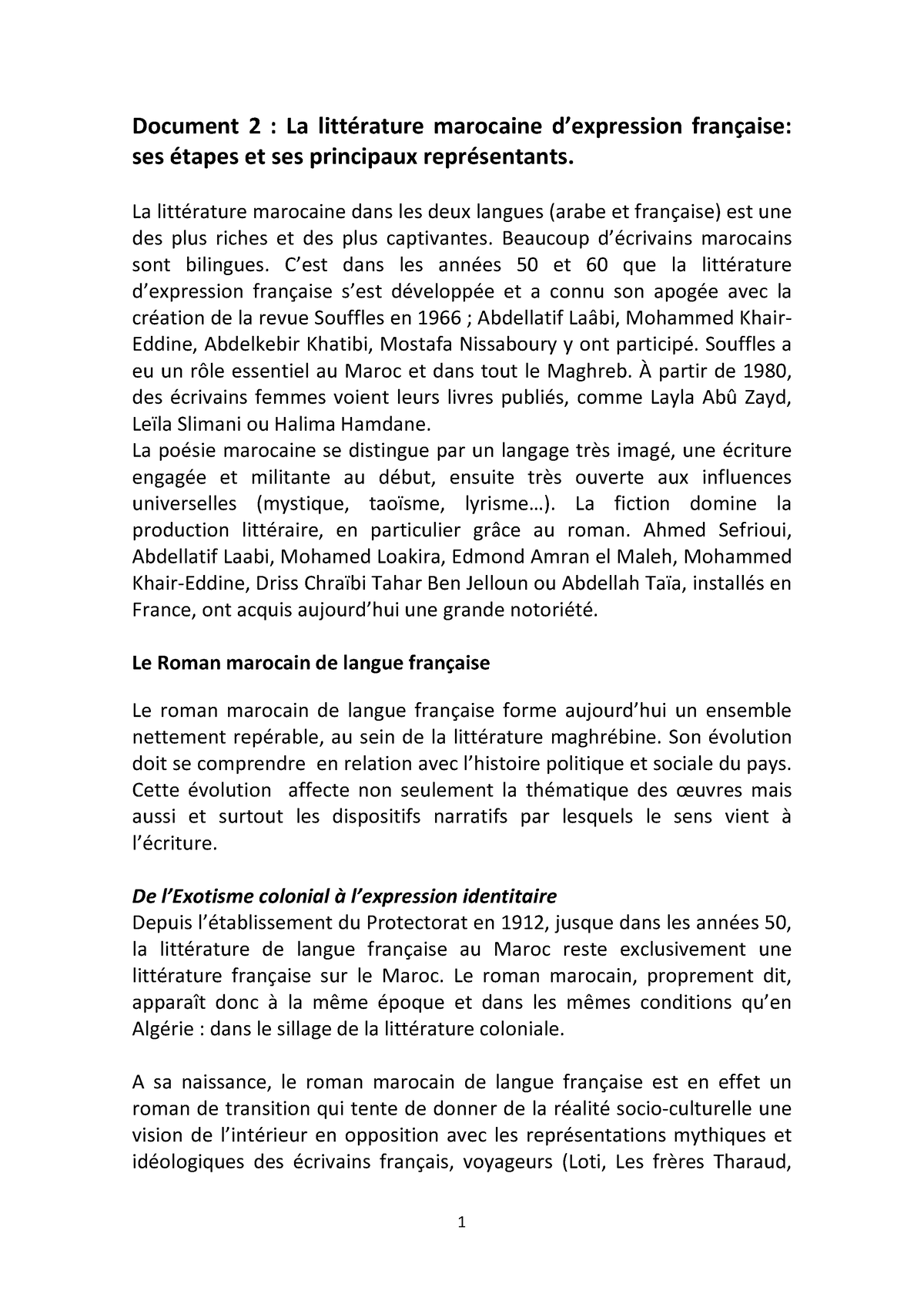 Document 2 La Litterature Marocaine Expression Francaise Ses Etapes Et ...