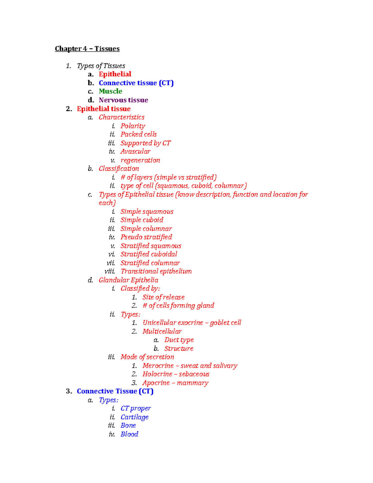 Tissues Review - Chapter 4 Tissues 1. Types of Tissues a. Epithelial b ...