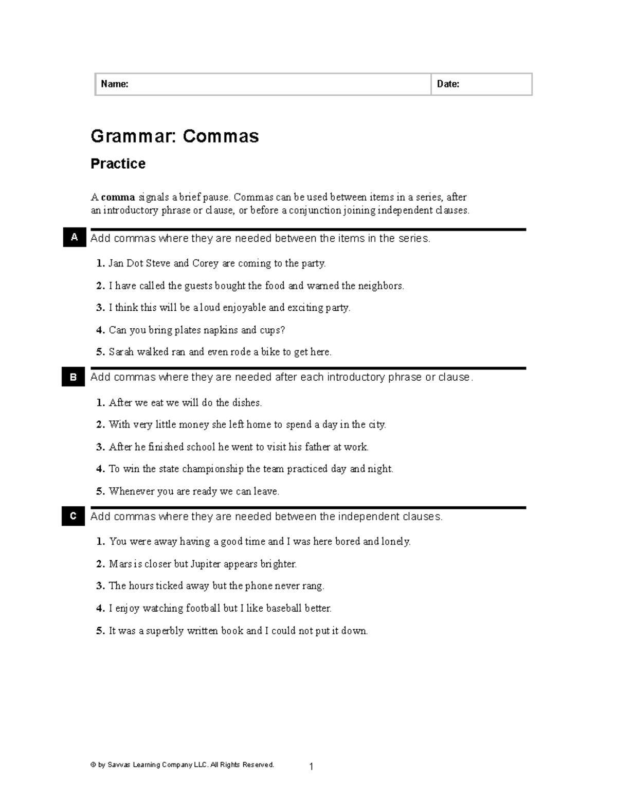 LIT17 ANC G7 GW Commas - mum - Name: Date: Grammar: Commas Practice A ...