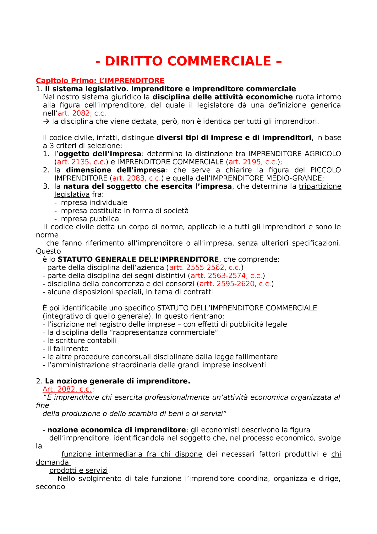 Capitolo I - L'imprenditore - DIRITTO COMMERCIALE Capitolo Primo: 1. Il sistema  legislativo. - Studocu