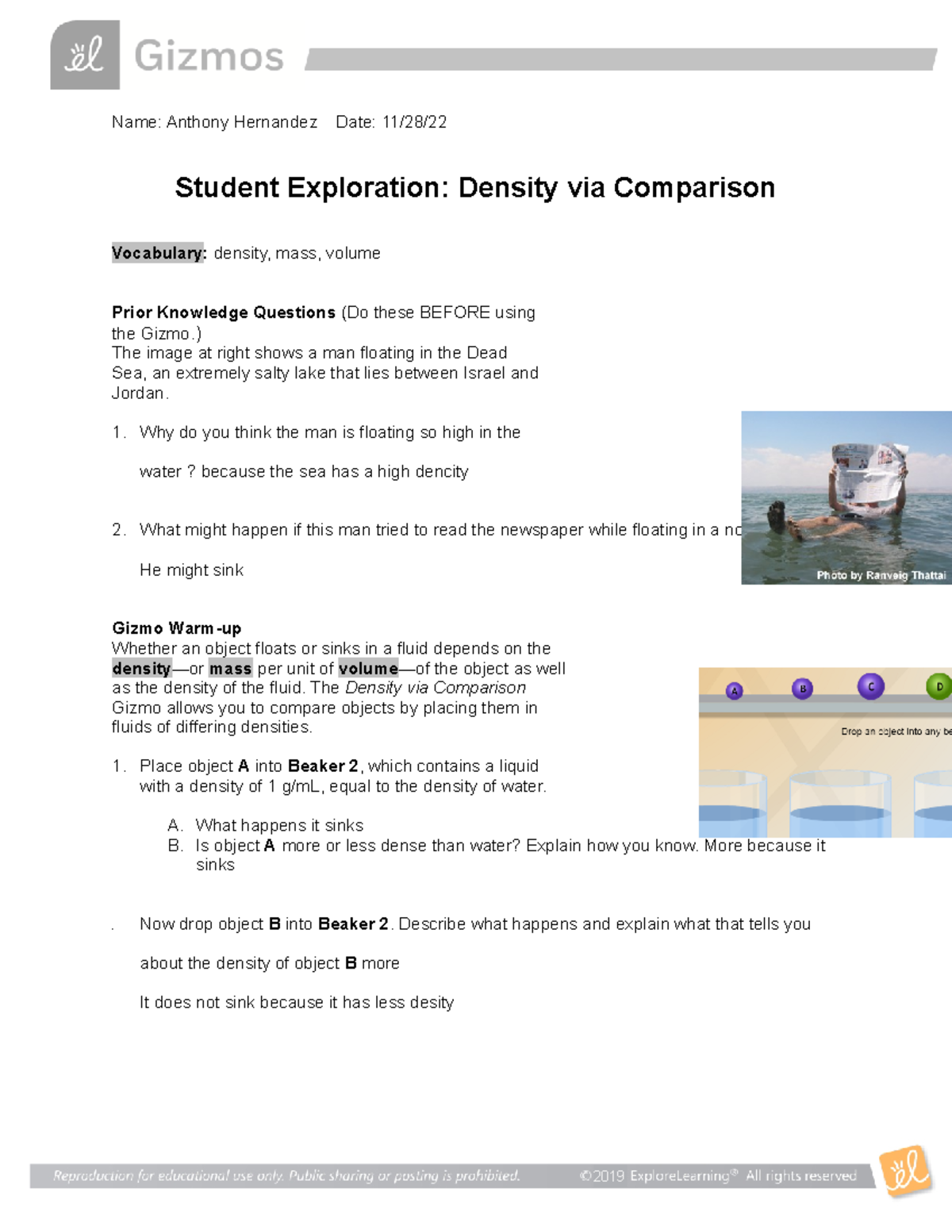 Gizmos Density Comparison - 2019 Name: Anthony Hernandez Date: 11/28 ...