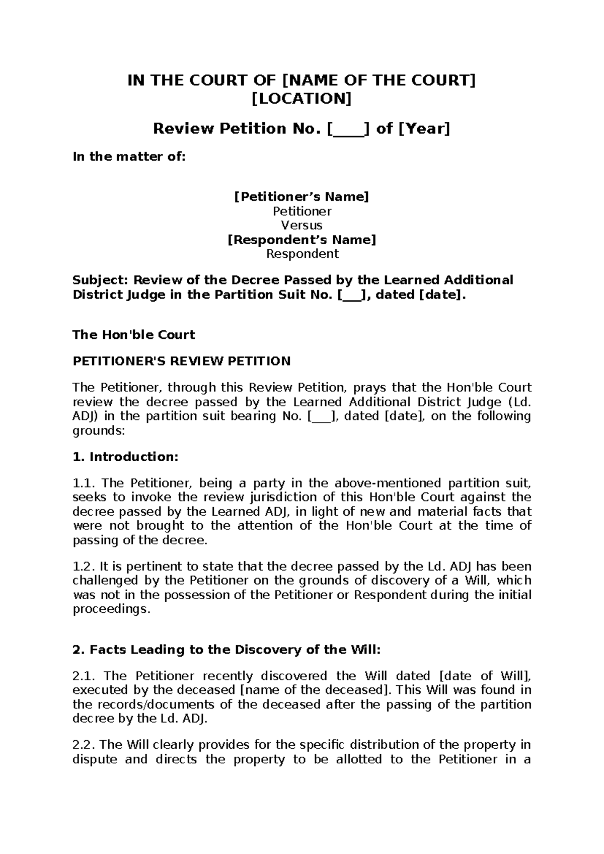 Review Petition draft (will) - IN THE COURT OF [NAME OF THE COURT ...