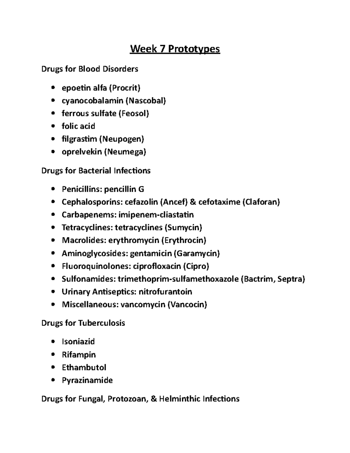 Week 7 Prototypes drug classes pharm Week 7 Prototypes Drugs for Blood Disorders epoetin