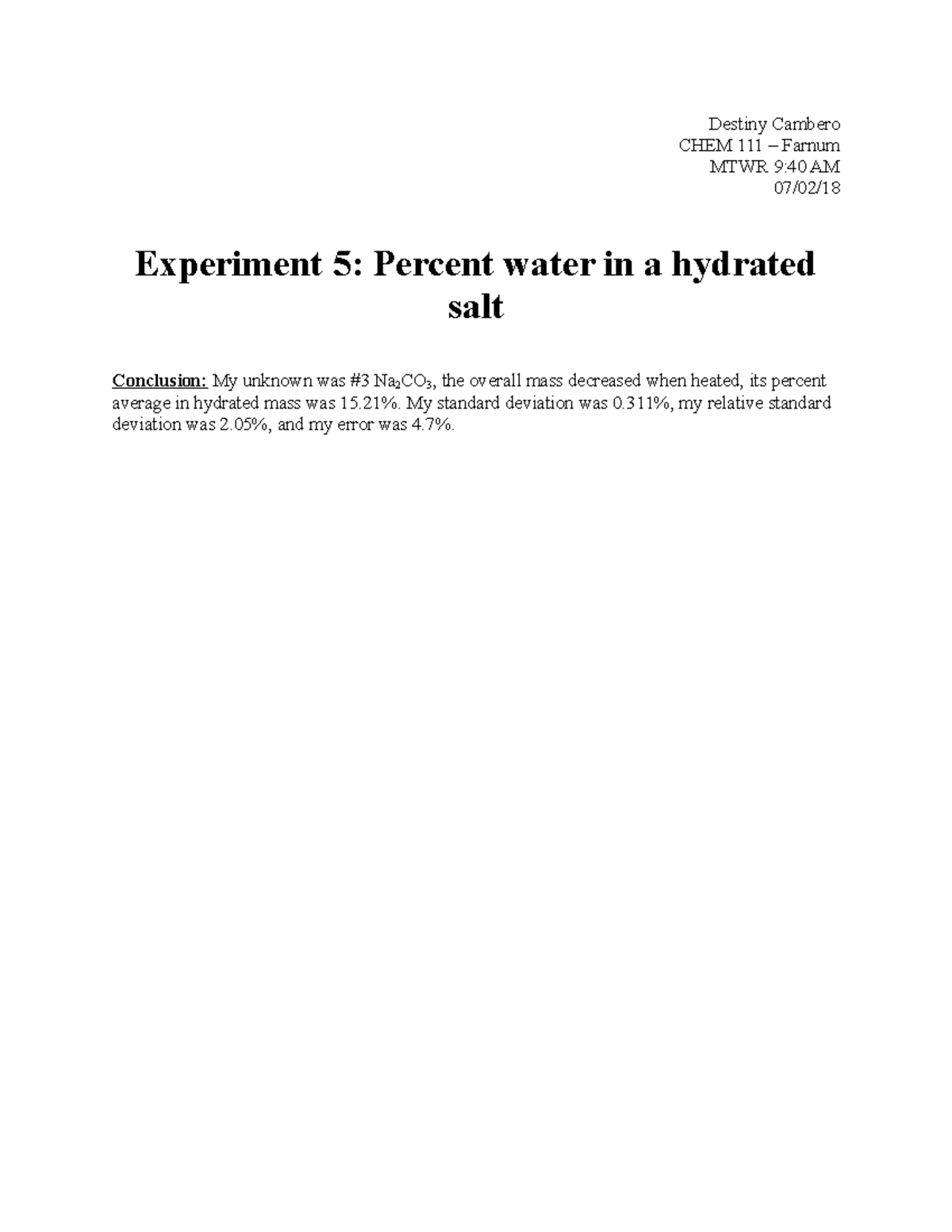CHEM 111 Experiment 5 lab report Destiny Cambero CHEM Farnum MTWR 9
