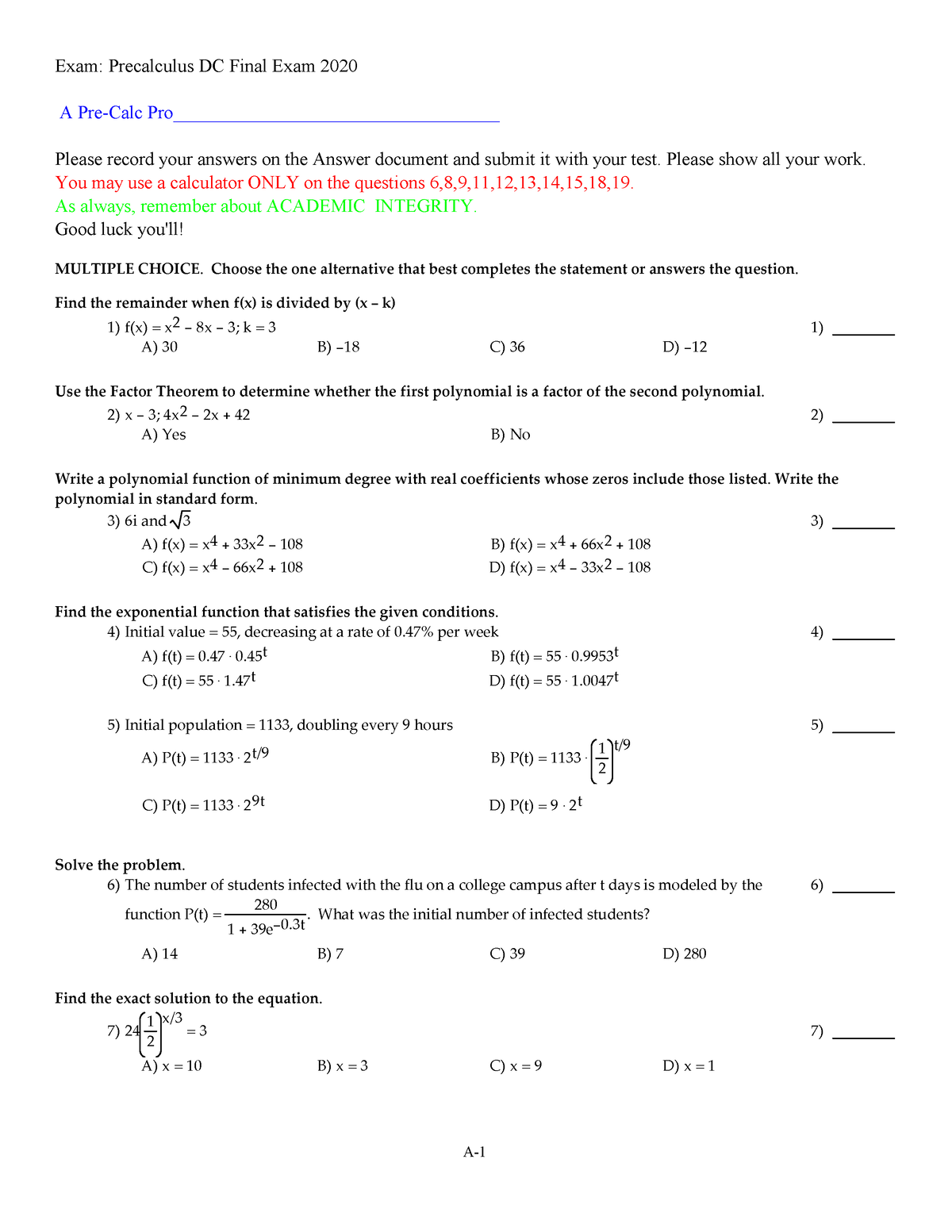 1 FInal Exam 2020 Student - Exam: Precalculus DC Final Exam 2020 A Pre ...