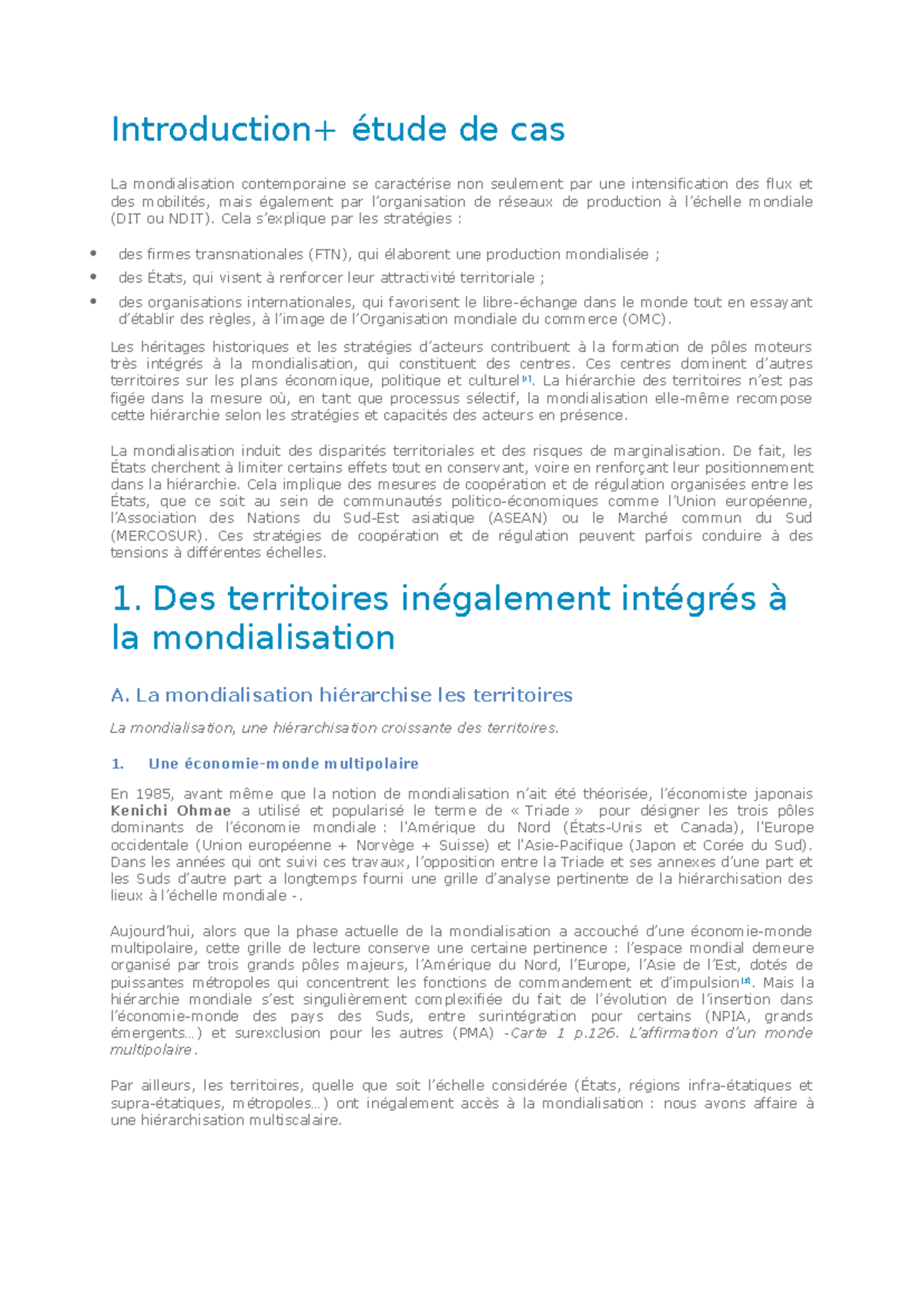 Des territoires inégalement intégrés à la mondialisation cours ...