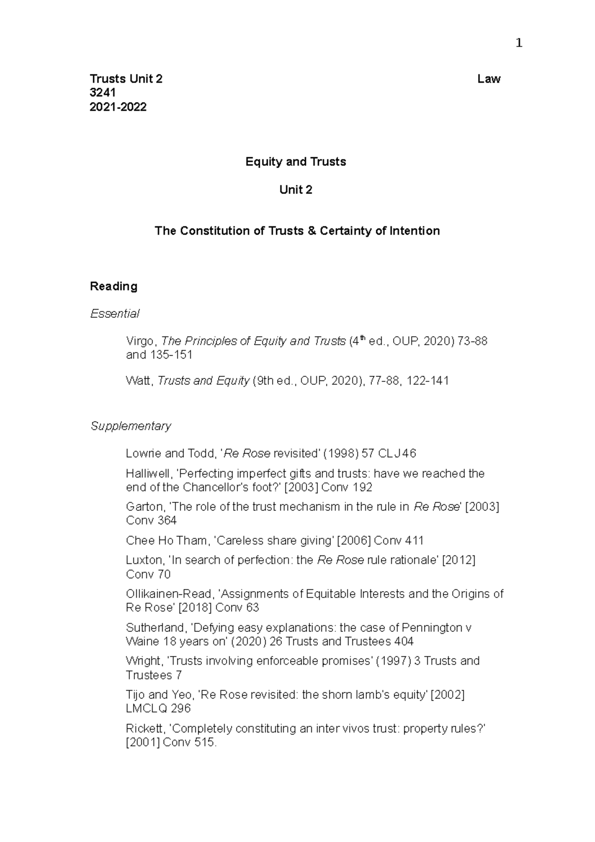 Lecture 2 of Equity and Trusts II - Trusts 2 - Handout (2021) - Trusts ...