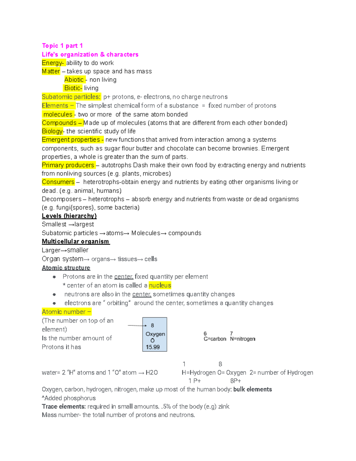 Bio notest pdf - Lecture notes all - Topic 1 part 1 Life's organization ...