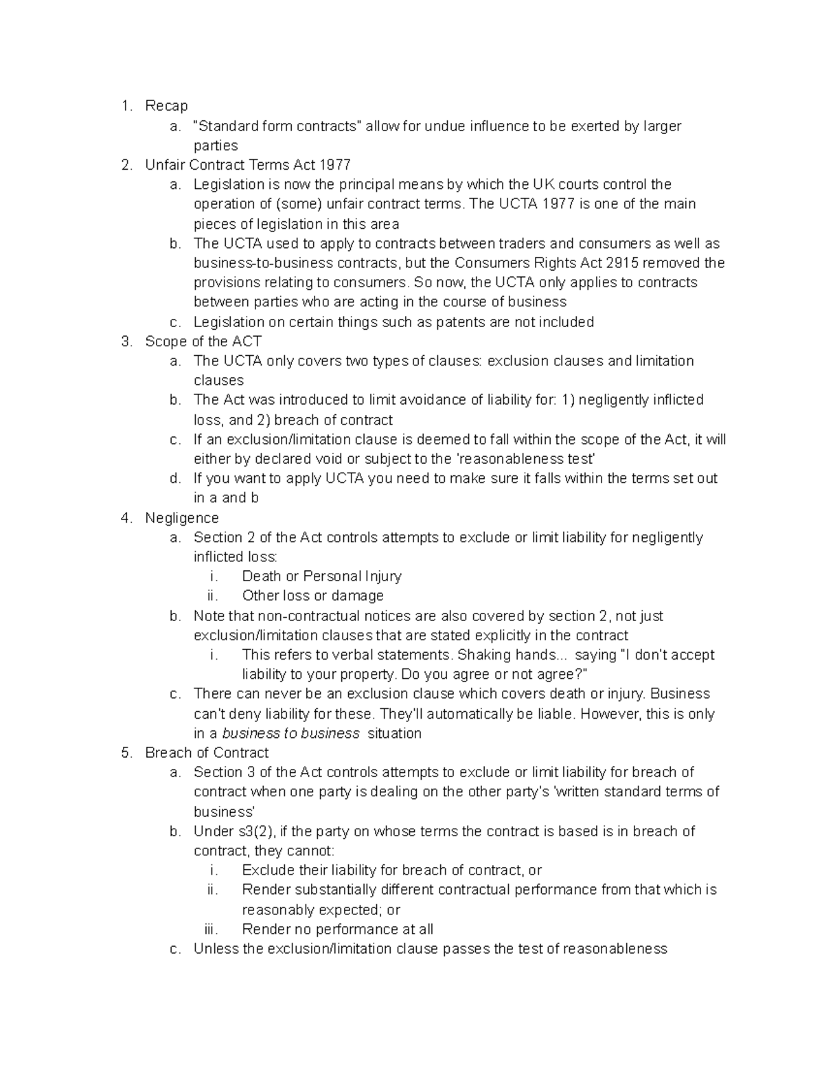 Contract Law - Statutory Controls on Unfair Contract Terms - Recap a ...