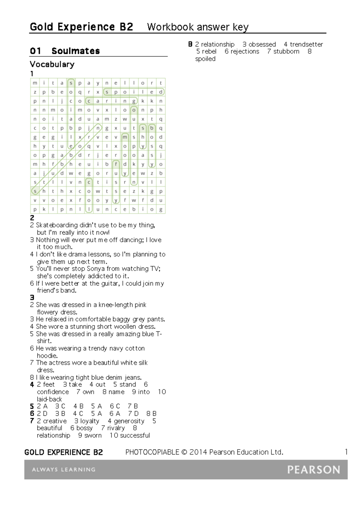 Gold Experience B2 Workbook Answer Key 01 Soulmates Vocabulary 1 2 2 