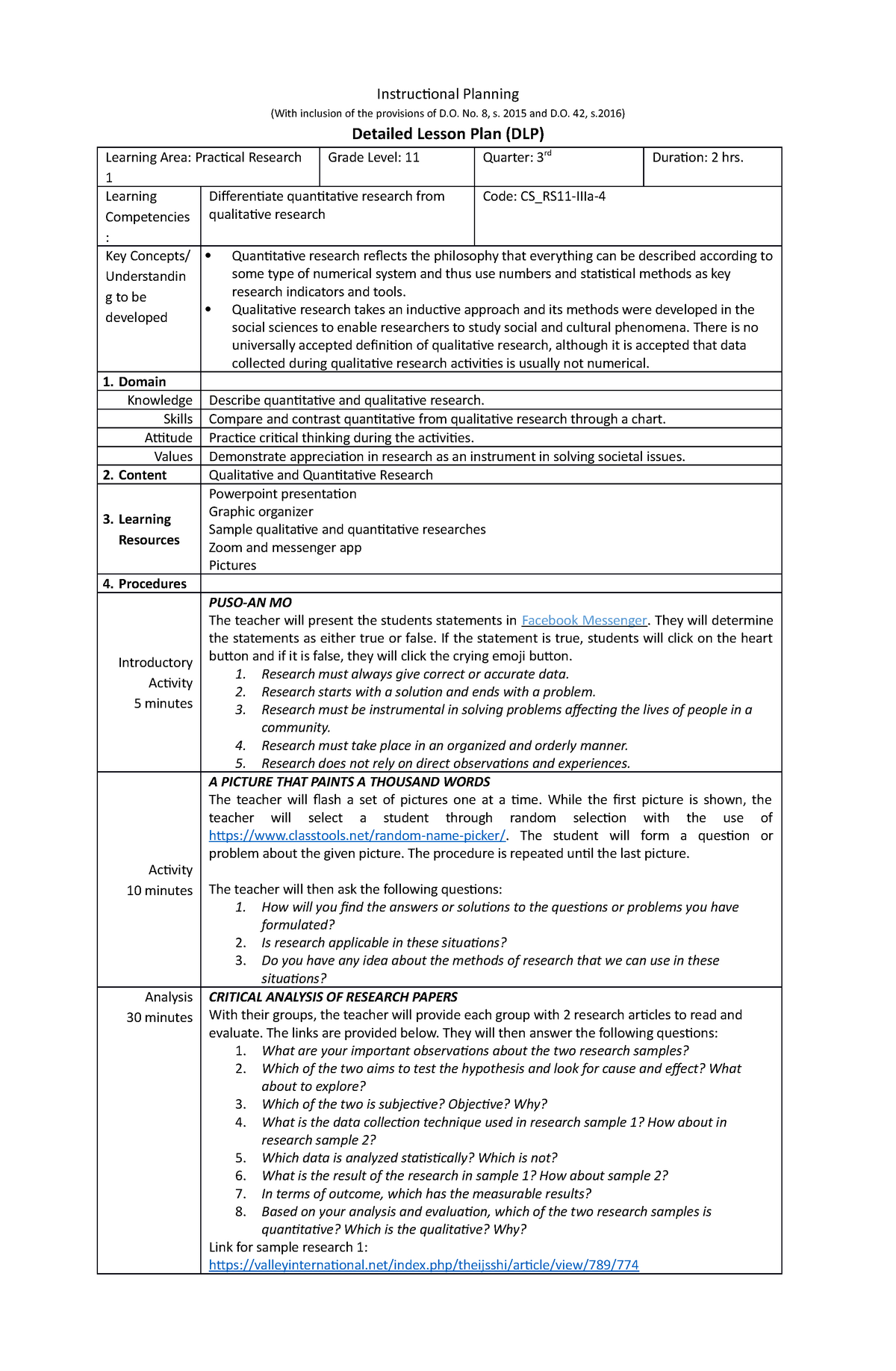 DLP in Practical Research 1 with Technology Integration - Instructional ...