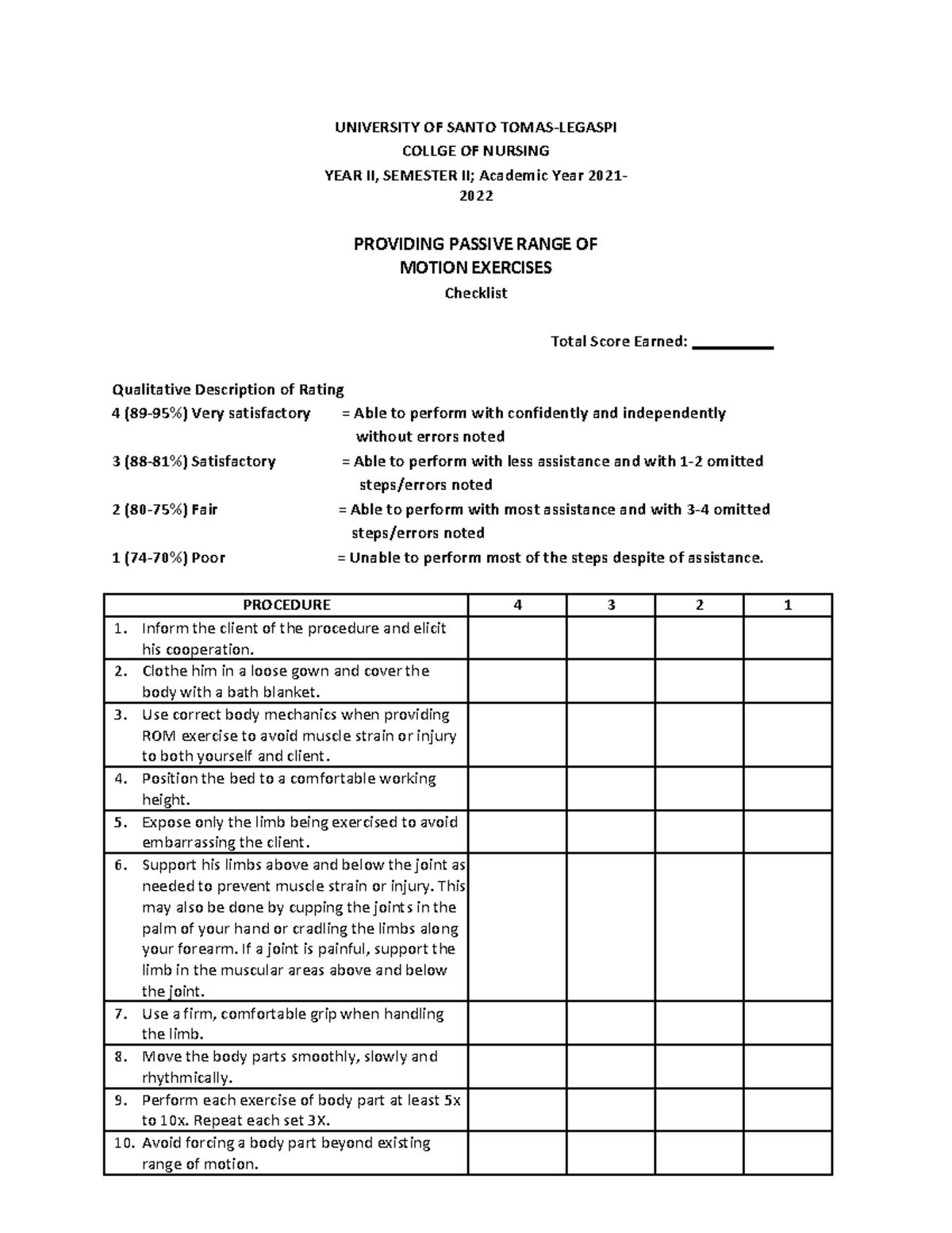 Checklist Providing ROM PDF - UNIVERSITY OF SANTO TOMAS-LEGASPI COLLGE ...