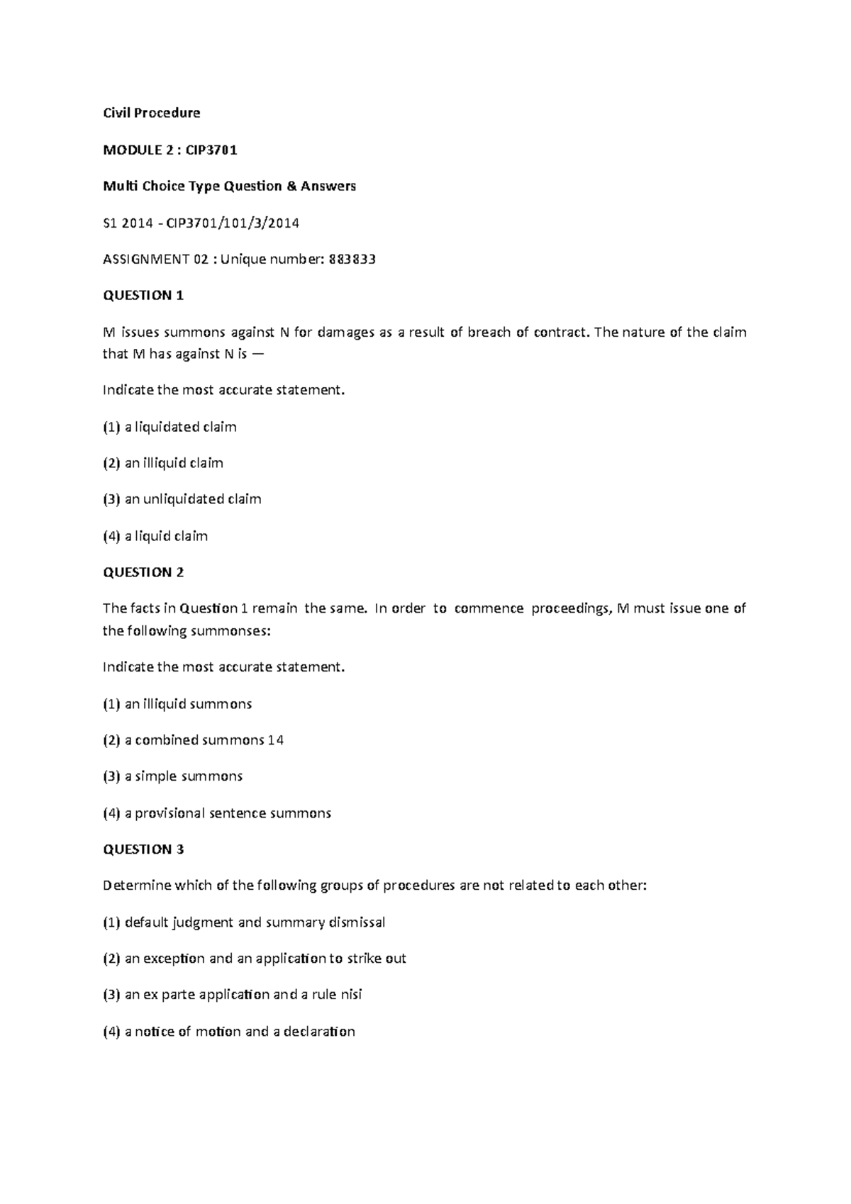 CIV 3701 Important Revision Exam - Civil Procedure MODULE 2 : CIP Multi ...