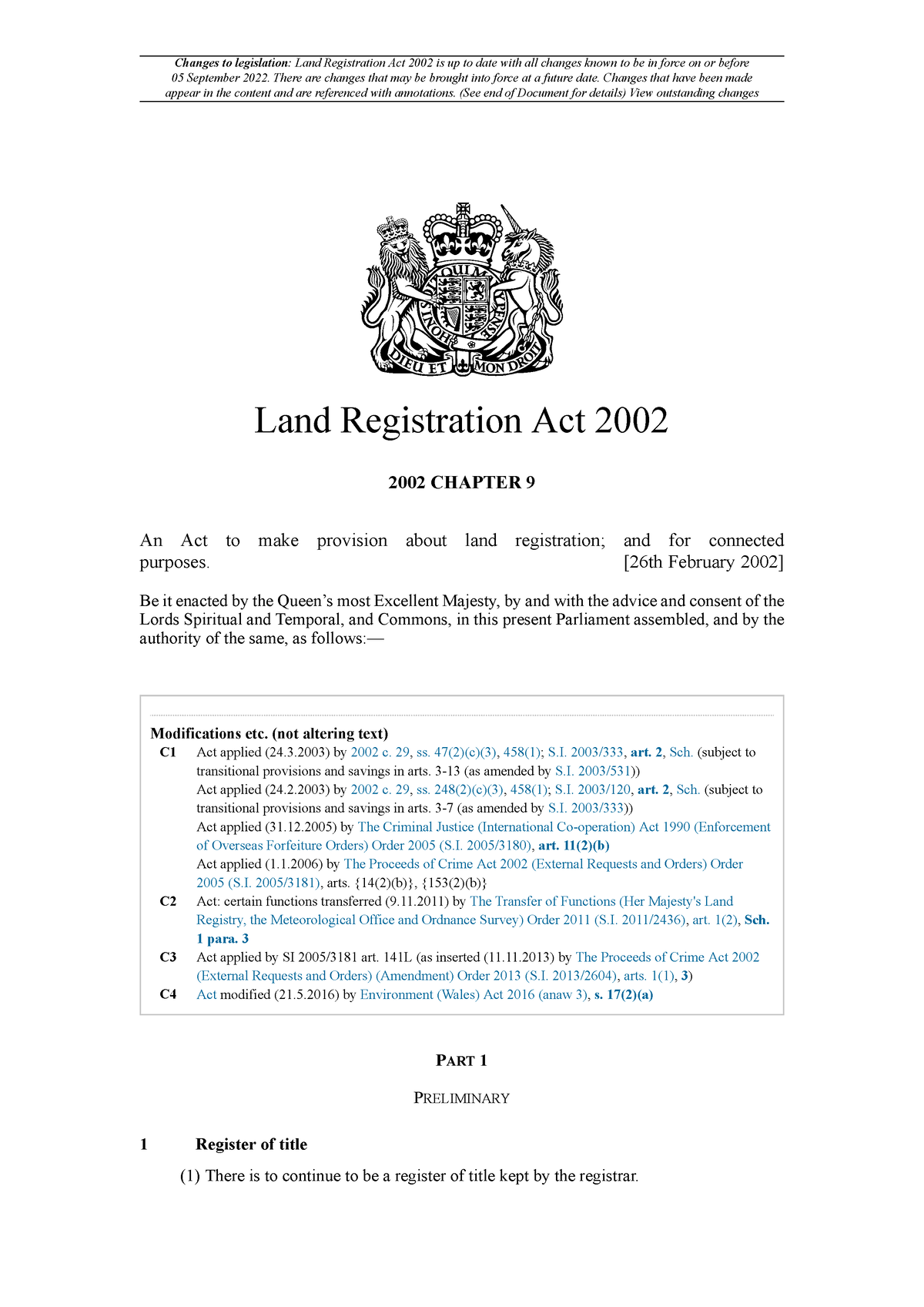 Land Registration Act 2002 Changes to legislation Land Registration