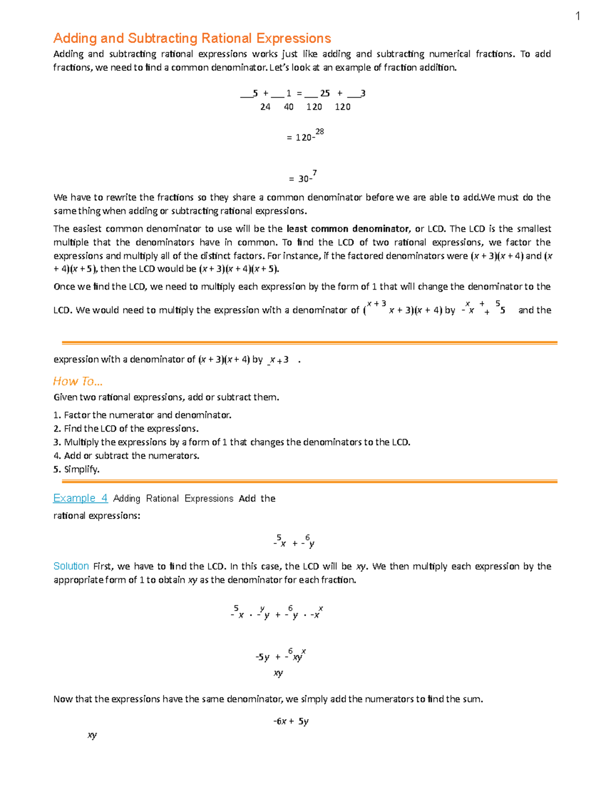 Adding and subtracting rational expressions - 1 Adding and Subtracting ...