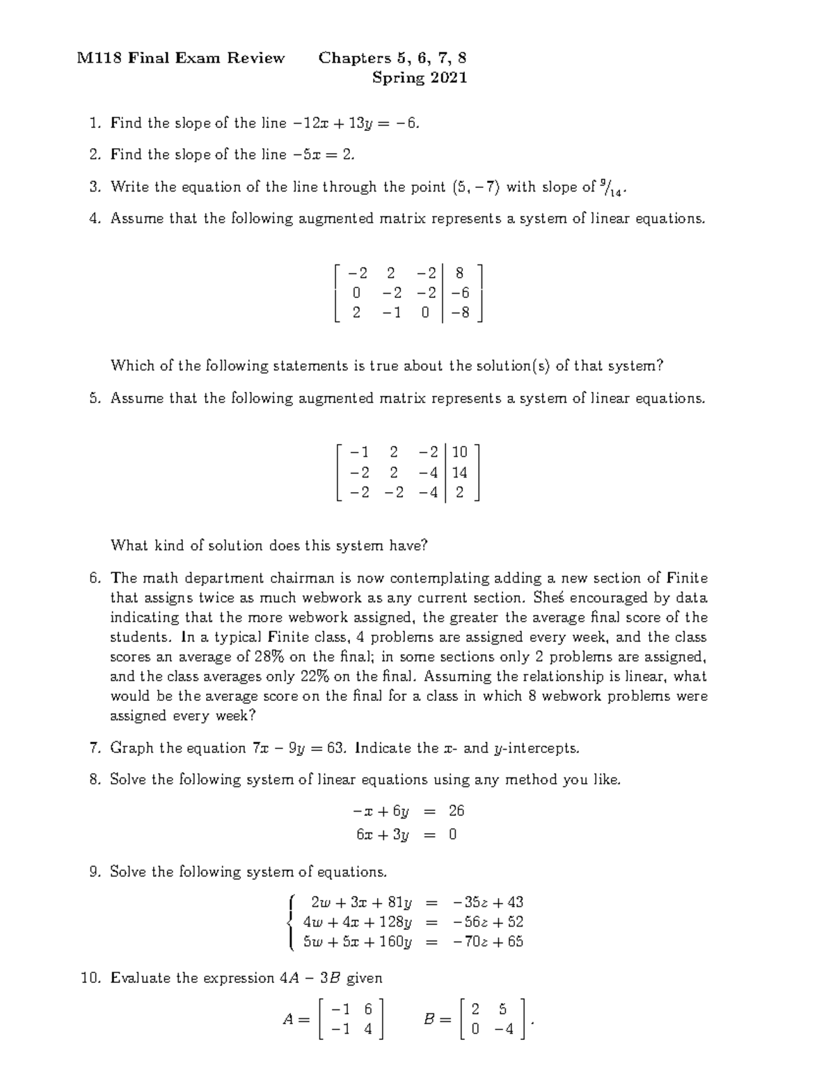 Practice problems from Chapters 5, 6, 7, 8 - M118 Final Exam Review ...