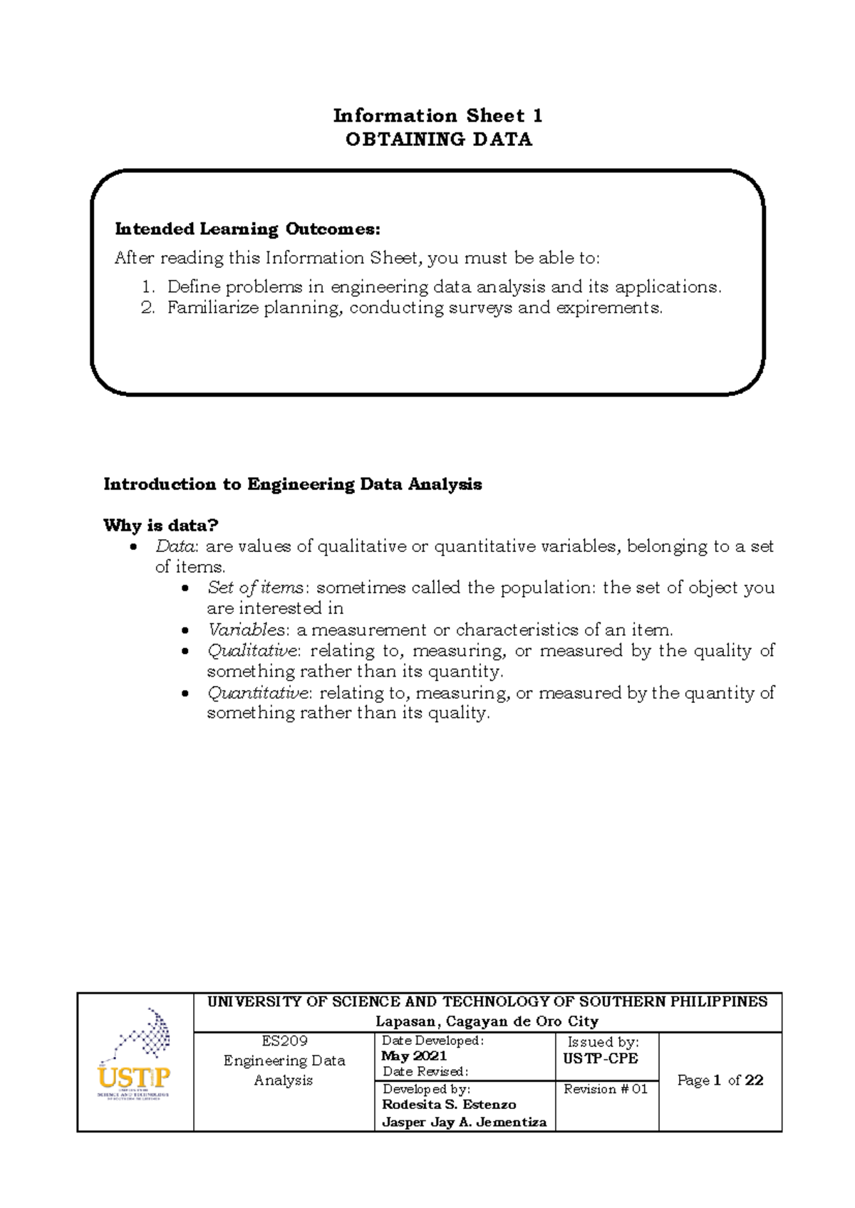 Engineering Data Analysis Lesson-01 - USTP - Studocu