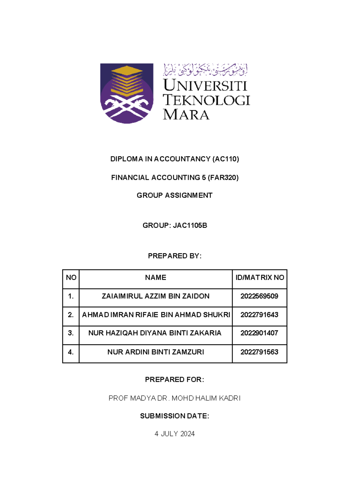 J AC110 5B Group 4 Assignment FAR320 - DIPLOMA IN ACCOUNTANCY (AC110 ...