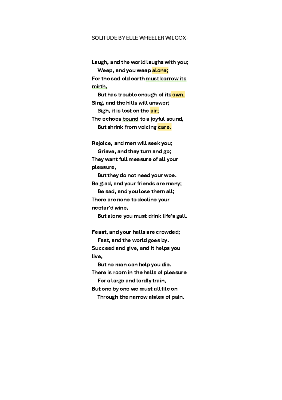 Solitude analysis grade 12 poem class - SOLITUDE BY ELLE WHEELER WILCOX ...