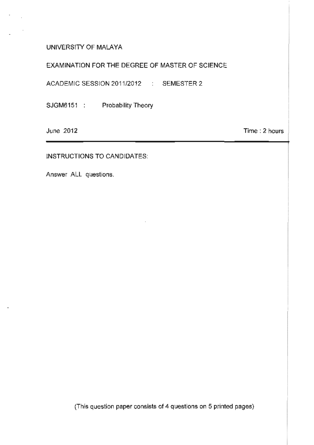Exam 5 December Summer 2012, questions - Probability Theory - Studocu