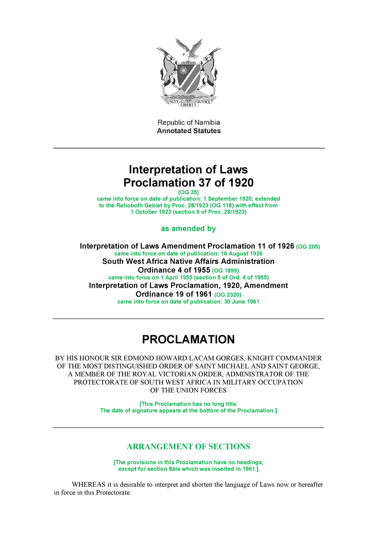 Interpretation Of Laws Proclamation 37 Of 1920 - 28/1923 (OG 118) With ...
