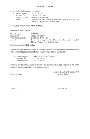 Surat Kuasa BPJS - saKLSJA - Saya yang bertanda tangan di bawah ini