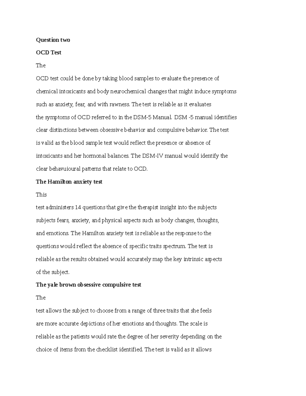 Untitled document.edited - Question two OCD Test The OCD test could be ...